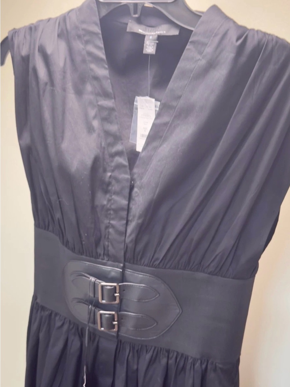 CHICO'S Cap Sleeve Belted Poplin Midi Dress Women's Size 6 Black